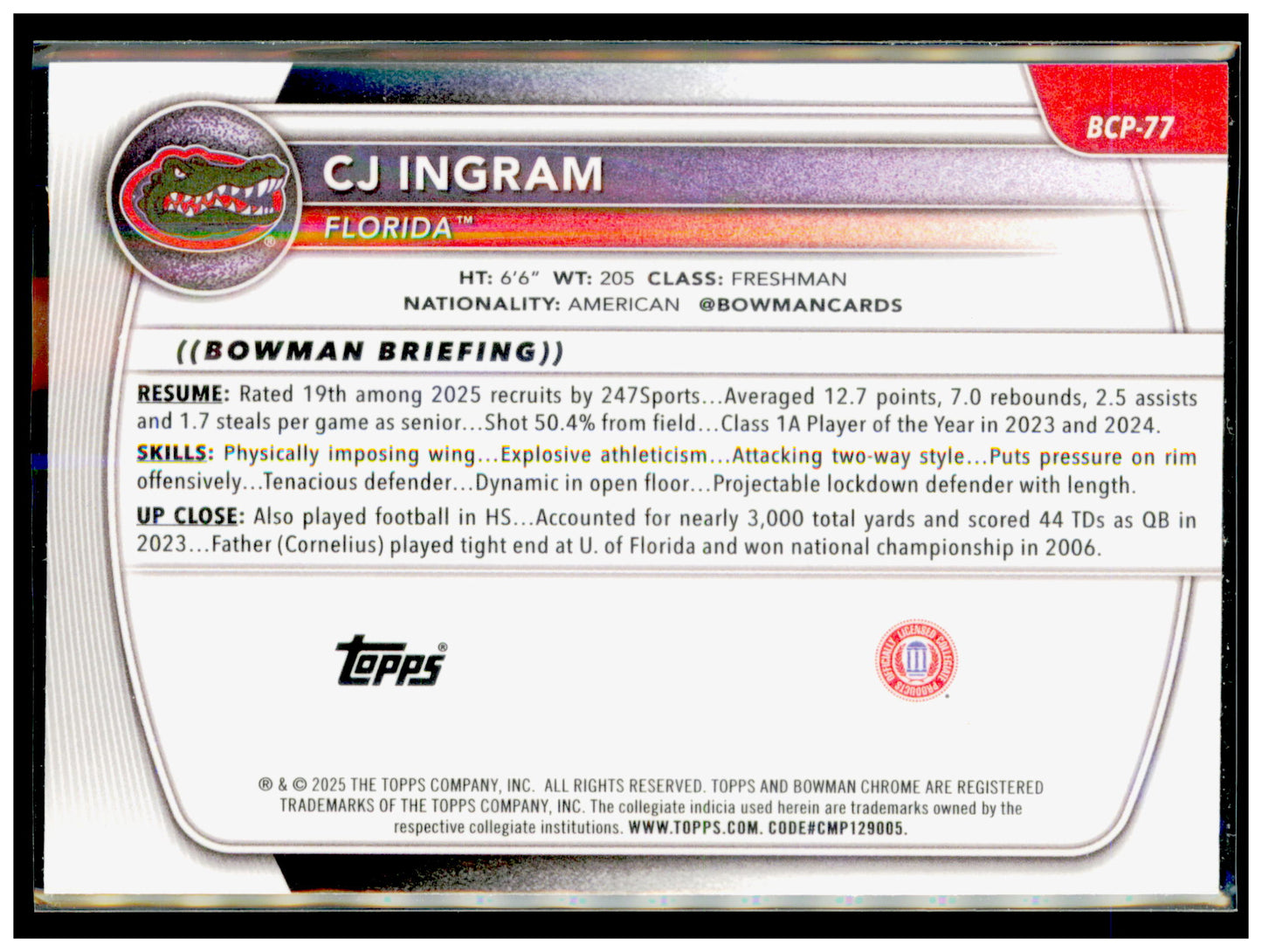 2025-26 Bowman CJ Ingram Card Chrome Prospects Florida Gators #BCP-77