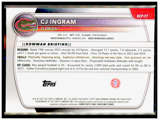 2025-26 Bowman CJ Ingram Card Chrome Prospects Florida Gators #BCP-77