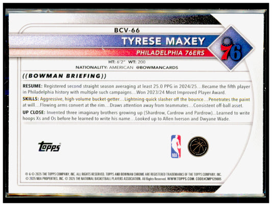 2025-26 Bowman Tyrese Maxey Card Chrome Philadelphia 76ers #BCV-66
