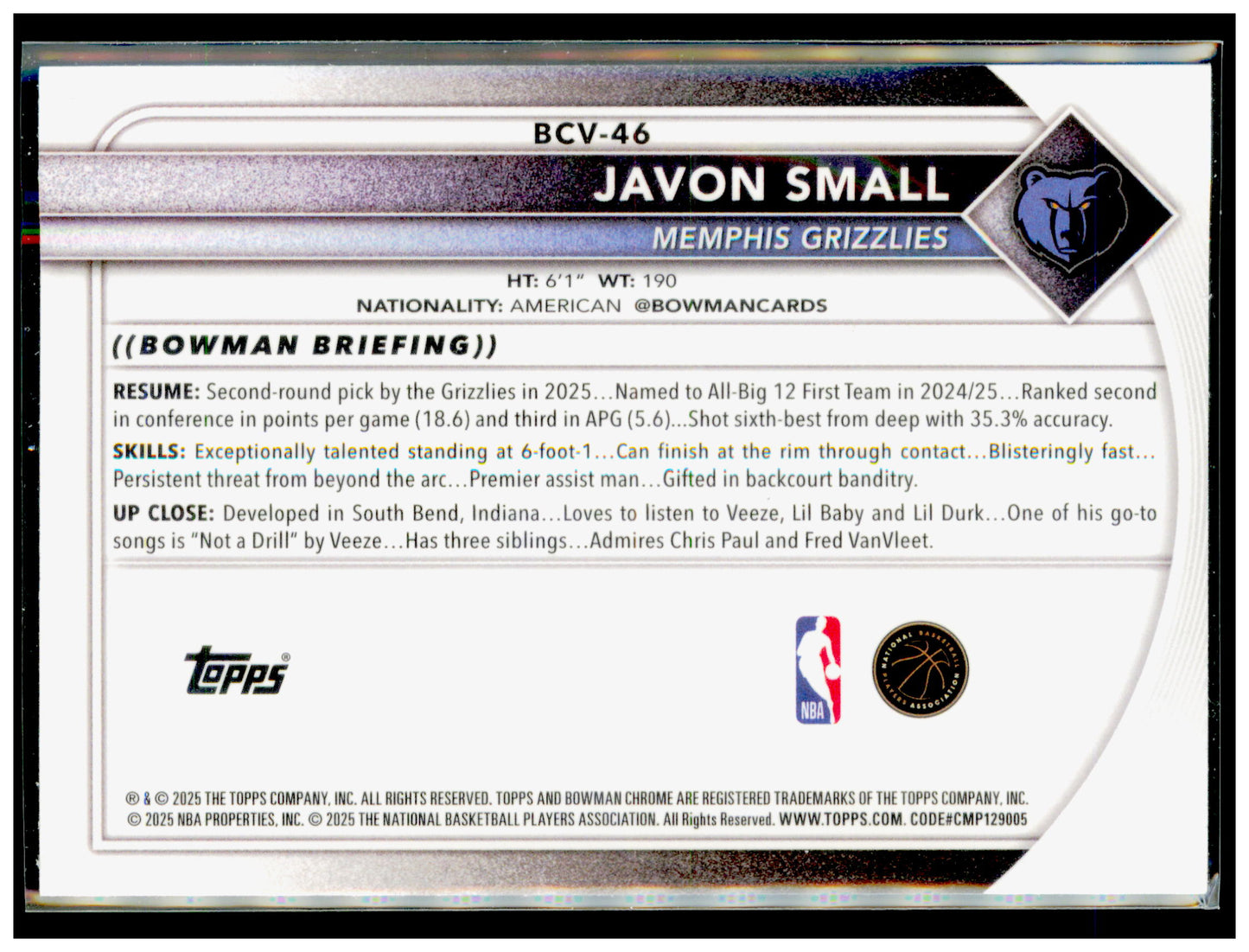 2025-26 Bowman Javon Small Card RC Memphis Grizzlies #46