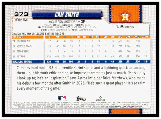 2026 Topps Cam Smith Card Houston Astros #373