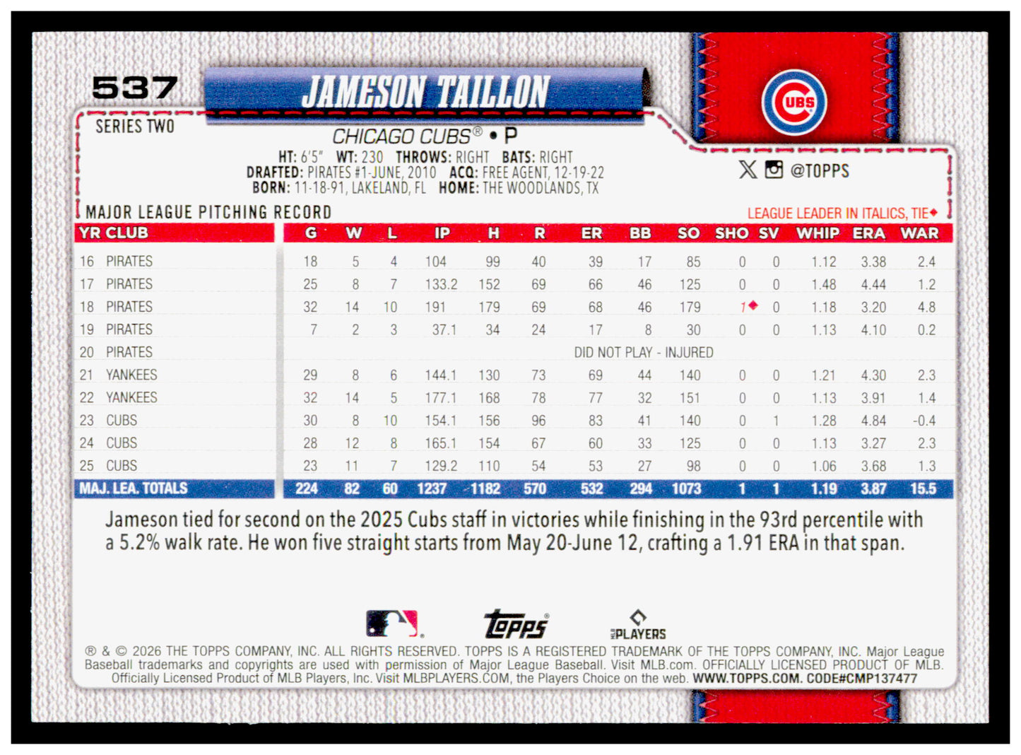 2026 Topps Jameson Taillon Card Chicago Cubs #537