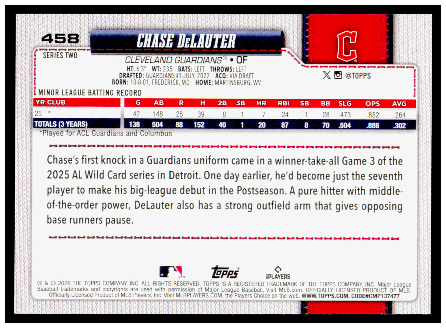 2026 Topps Chase DeLauter Card RC Cleveland Guardians #458