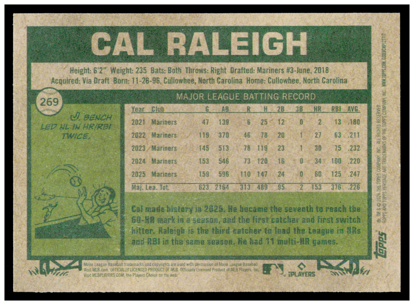 2026 Topps Heritage Cal Raleigh Card Seattle Mariners #269