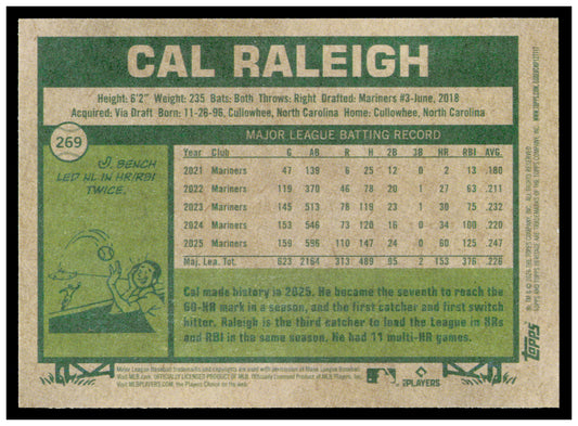 2026 Topps Heritage Cal Raleigh Card Seattle Mariners #269