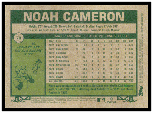 2026 Topps Heritage Noah Cameron Card Kansas City Royals #78
