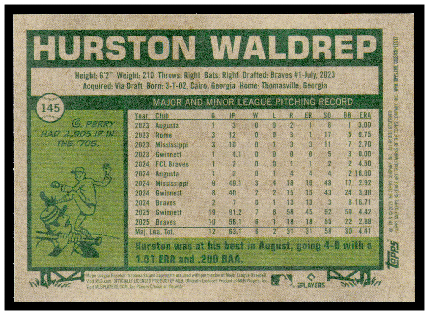 2026 Topps Heritage Hurston Waldrep Card Atlanta Braves #145