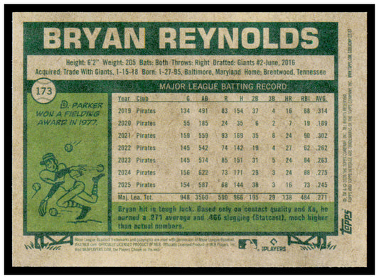 2026 Topps Heritage Bryan Reynolds Card Pittsburgh Pirates #173