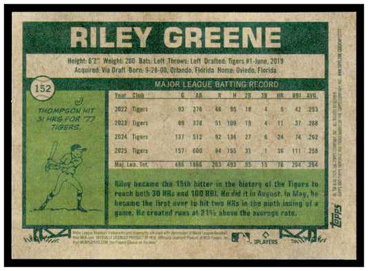 2026 Topps Heritage Riley Greene Card Detroit Tigers #152