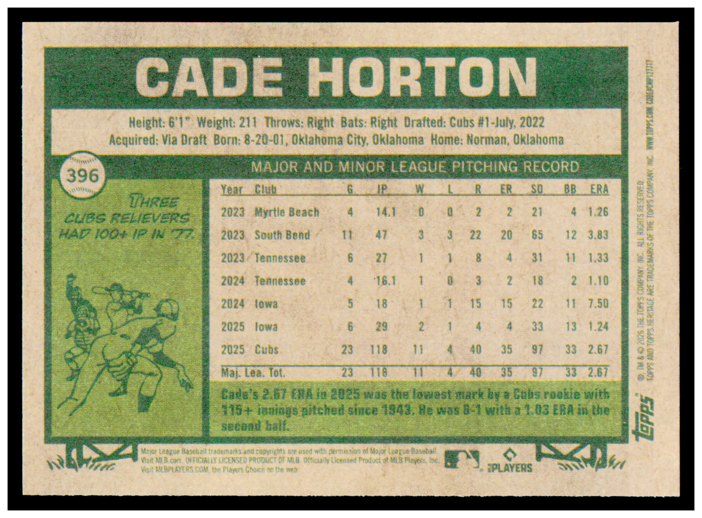 2026 Topps Heritage Cade Horton Card Chicago Cubs #396
