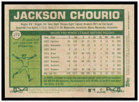 2026 Topps Heritage Jackson Chourio Card Milwaukee Brewers #272