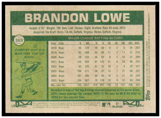 2026 Topps Heritage Brandon Lowe Card Tampa Bay Rays #369