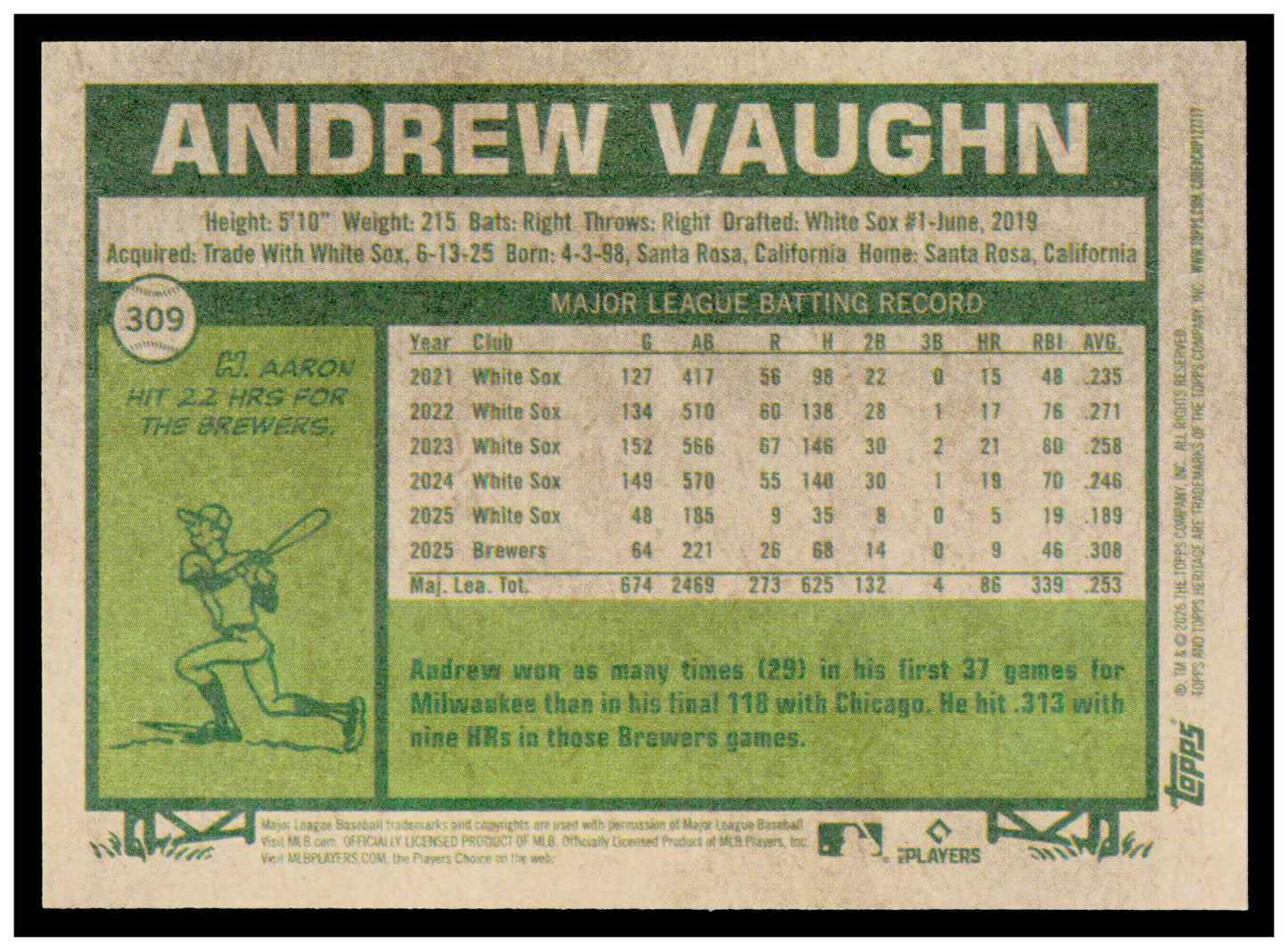2026 Topps Heritage Andrew Vaughn Card Milwaukee Brewers #309