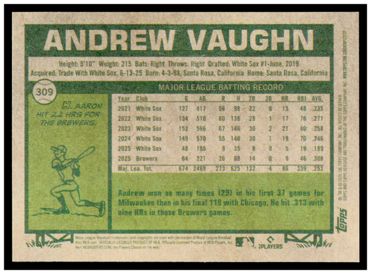 2026 Topps Heritage Andrew Vaughn Card Milwaukee Brewers #309