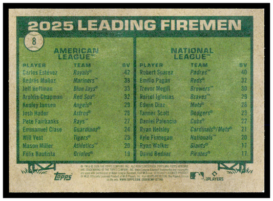 2026 Topps Heritage 2025 Leading Firemen Carlos Estevez / Robert Suarez Card #8