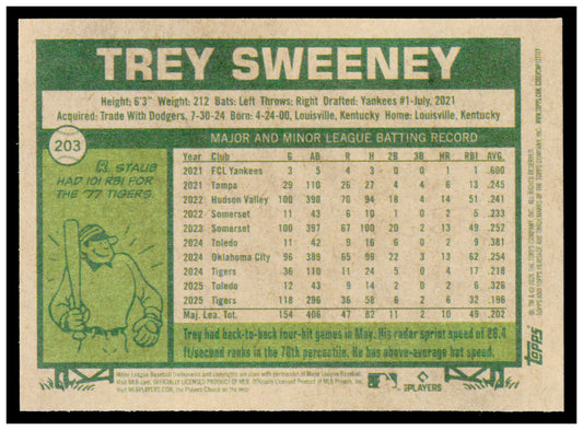 2026 Topps Heritage Trey Sweeney Card Detroit Tigers #203