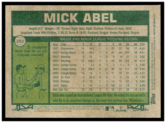 2026 Topps Heritage Mick Abel Card Minnesota Twins #292