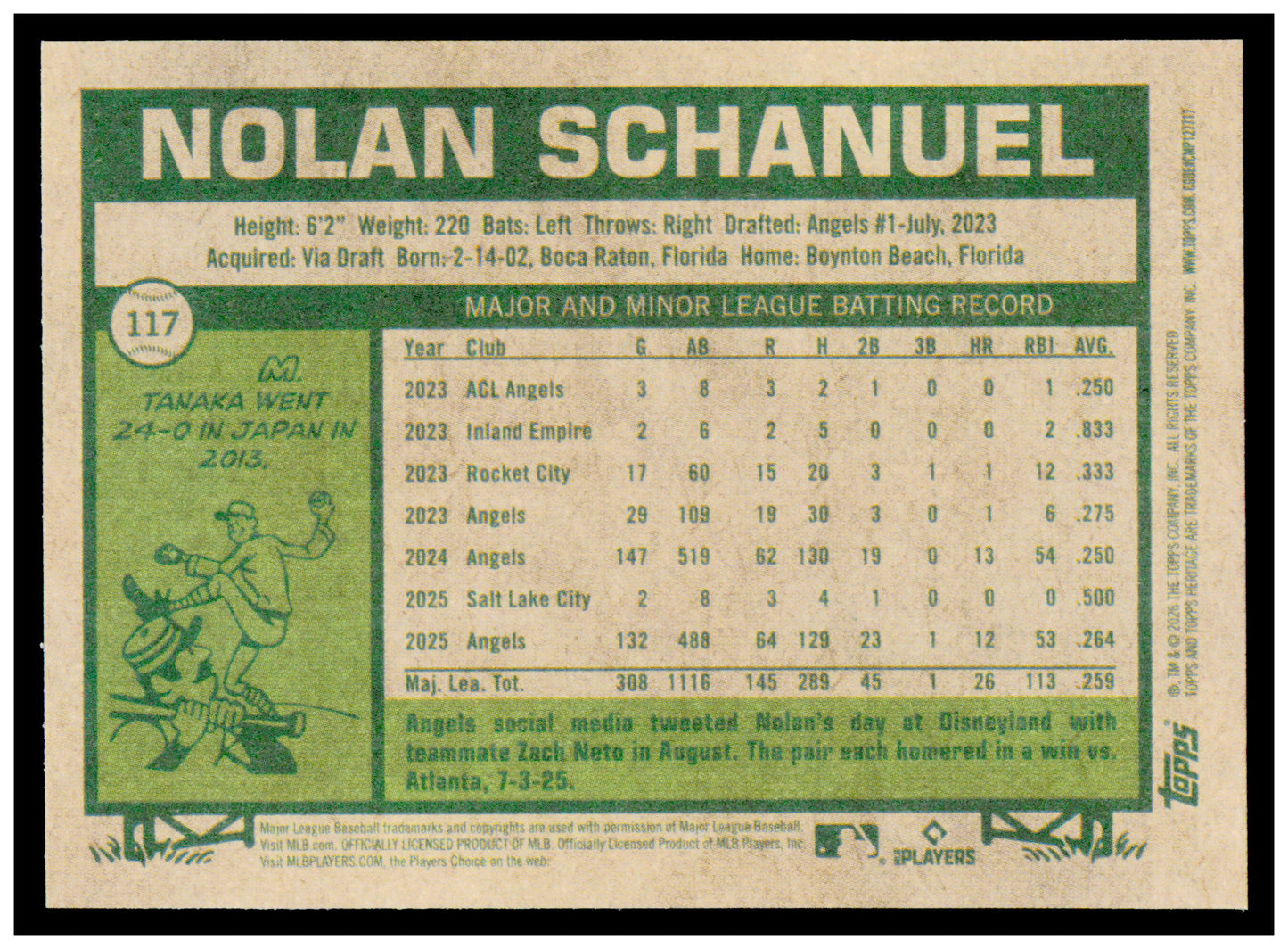 2026 Topps Heritage Nolan Schanuel Card Los Angeles Angels #117