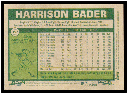 2026 Topps Heritage Harrison Bader Card Philadelphia Phillies #357
