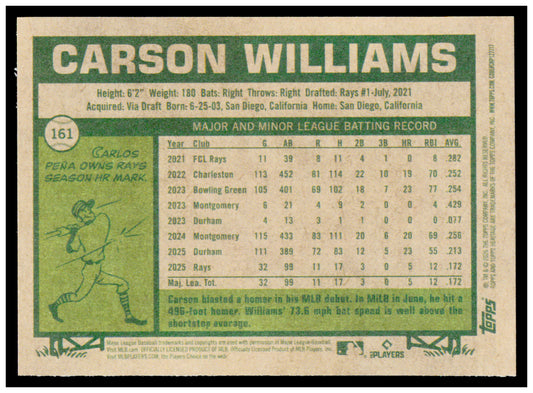 2026 Topps Heritage Carson Williams Card RC Tampa Bay Rays #161