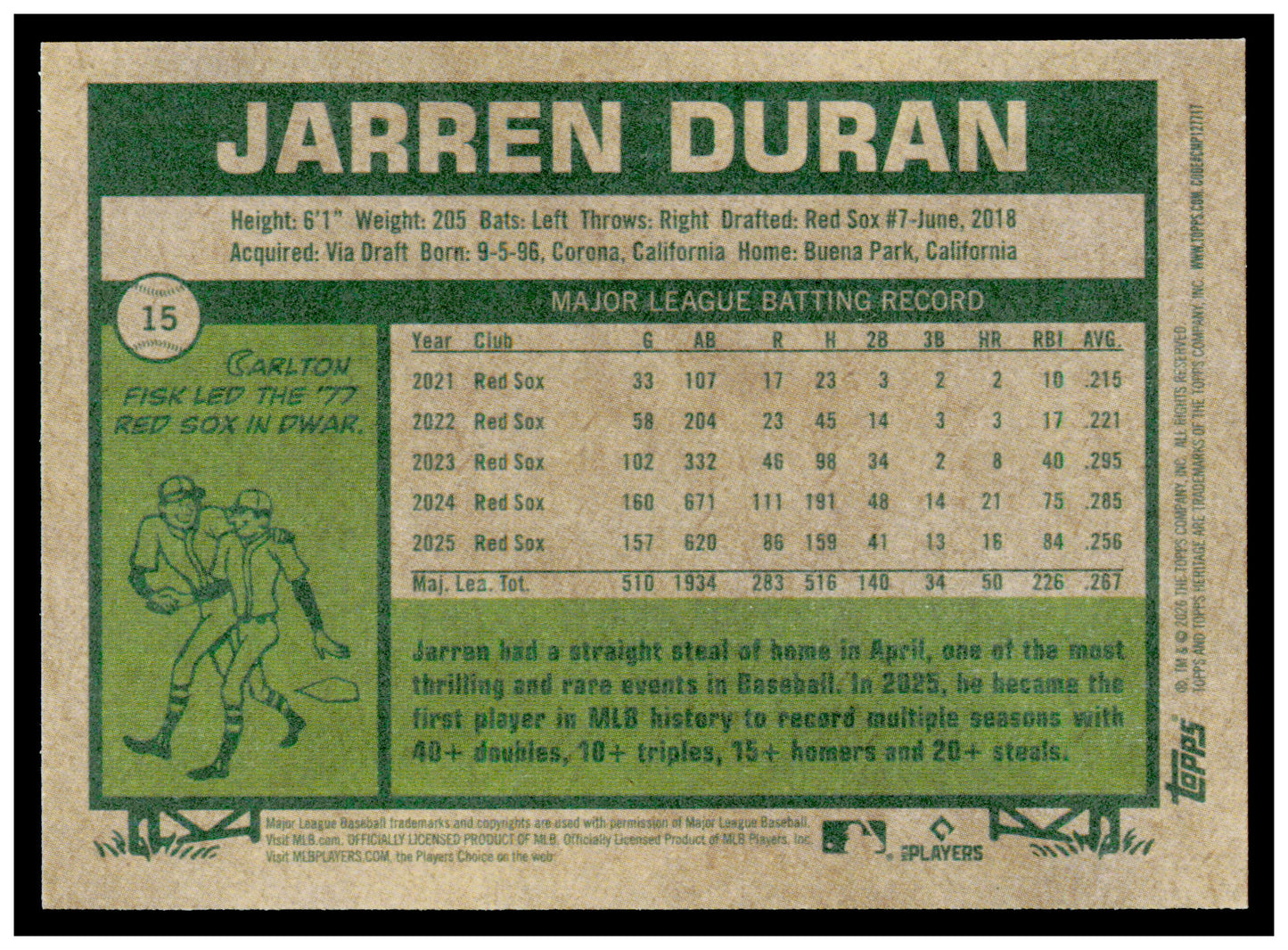 2026 Topps Heritage Jarren Duran Card Boston Red Sox #15