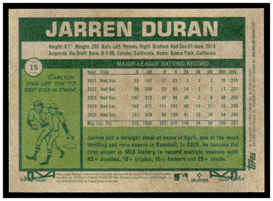 2026 Topps Heritage Jarren Duran Card Boston Red Sox #15