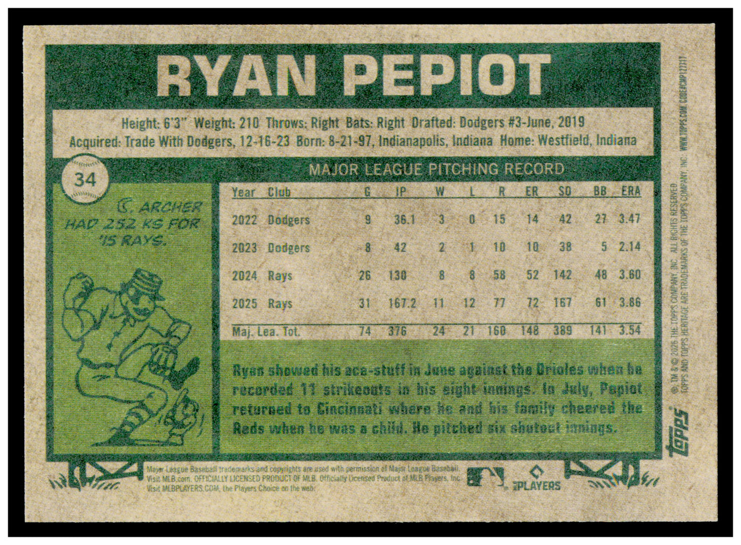 2026 Topps Heritage Ryan Pepiot Card Tampa Bay Rays #34