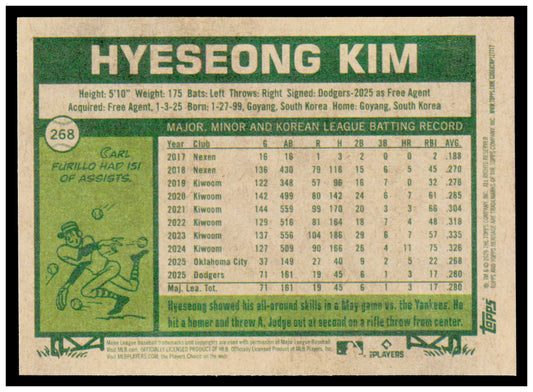 2026 Topps Heritage Hyeseong Kim Card Los Angeles Dodgers #268