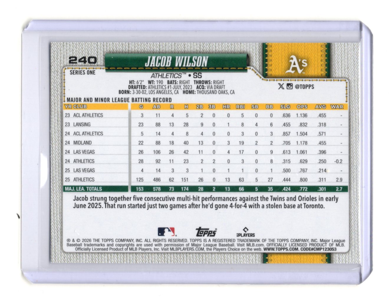 2026 Topps Jacob Wilson Card Athletics #240