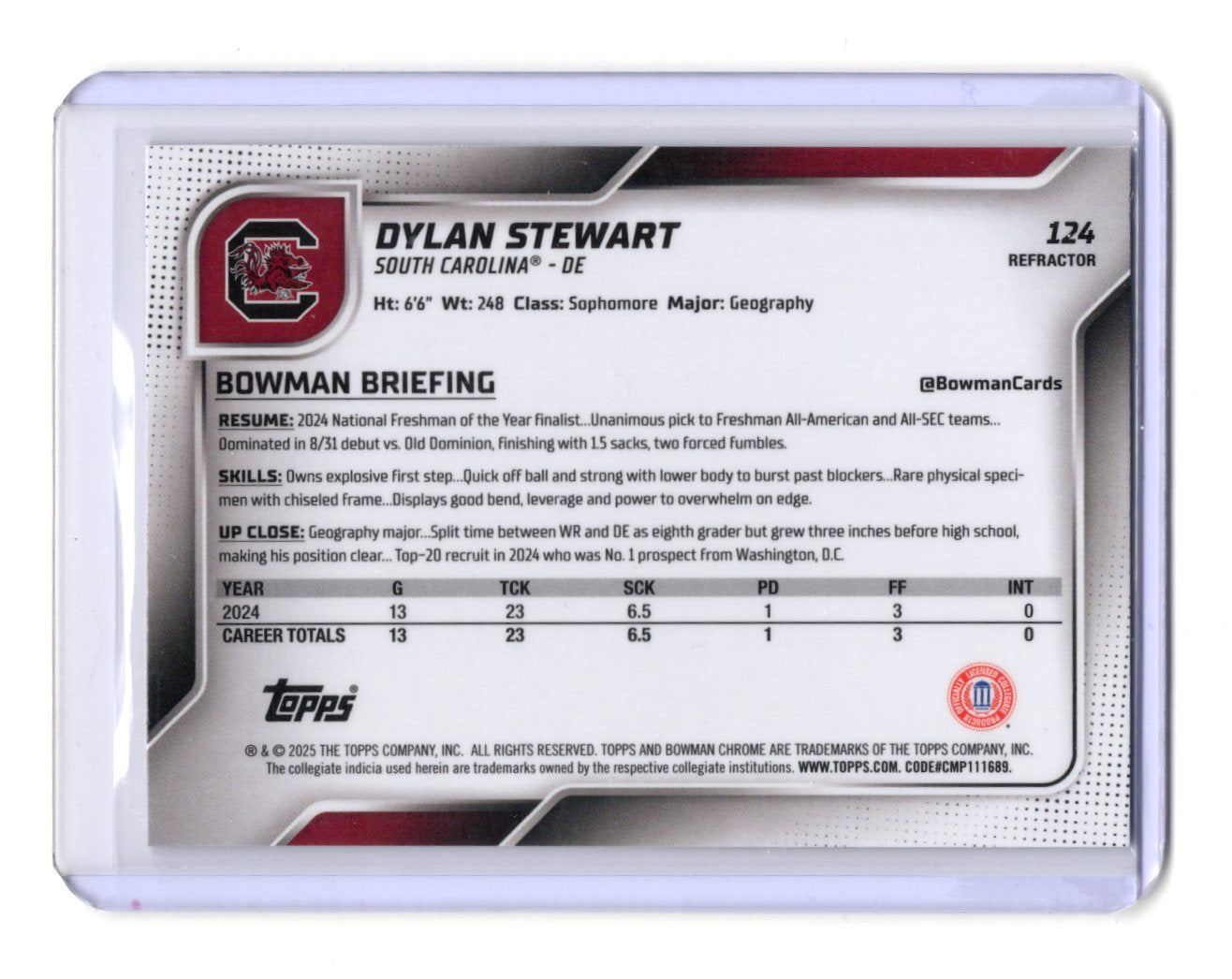2025 Bowman University Chrome Dylan Stewart Card Refractor Gamecocks #124