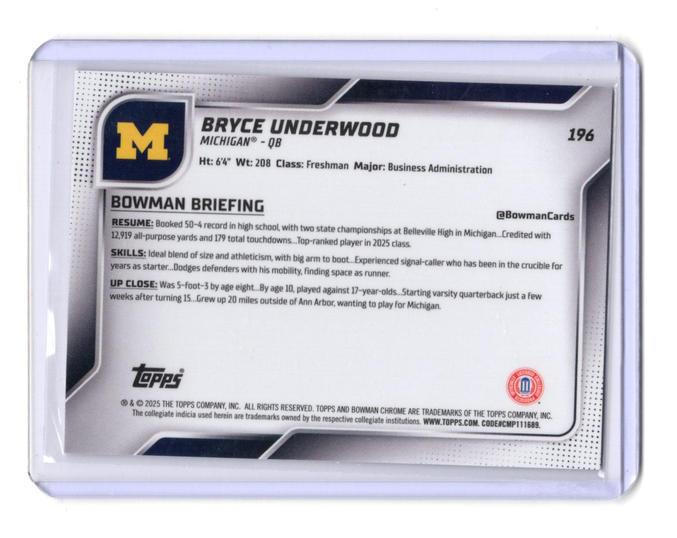 2025 Bowman University Chrome Bryce Underwood Card Michigan Wolverines #196