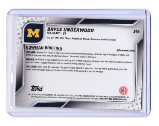 2025 Bowman University Chrome Bryce Underwood Card Michigan Wolverines #196