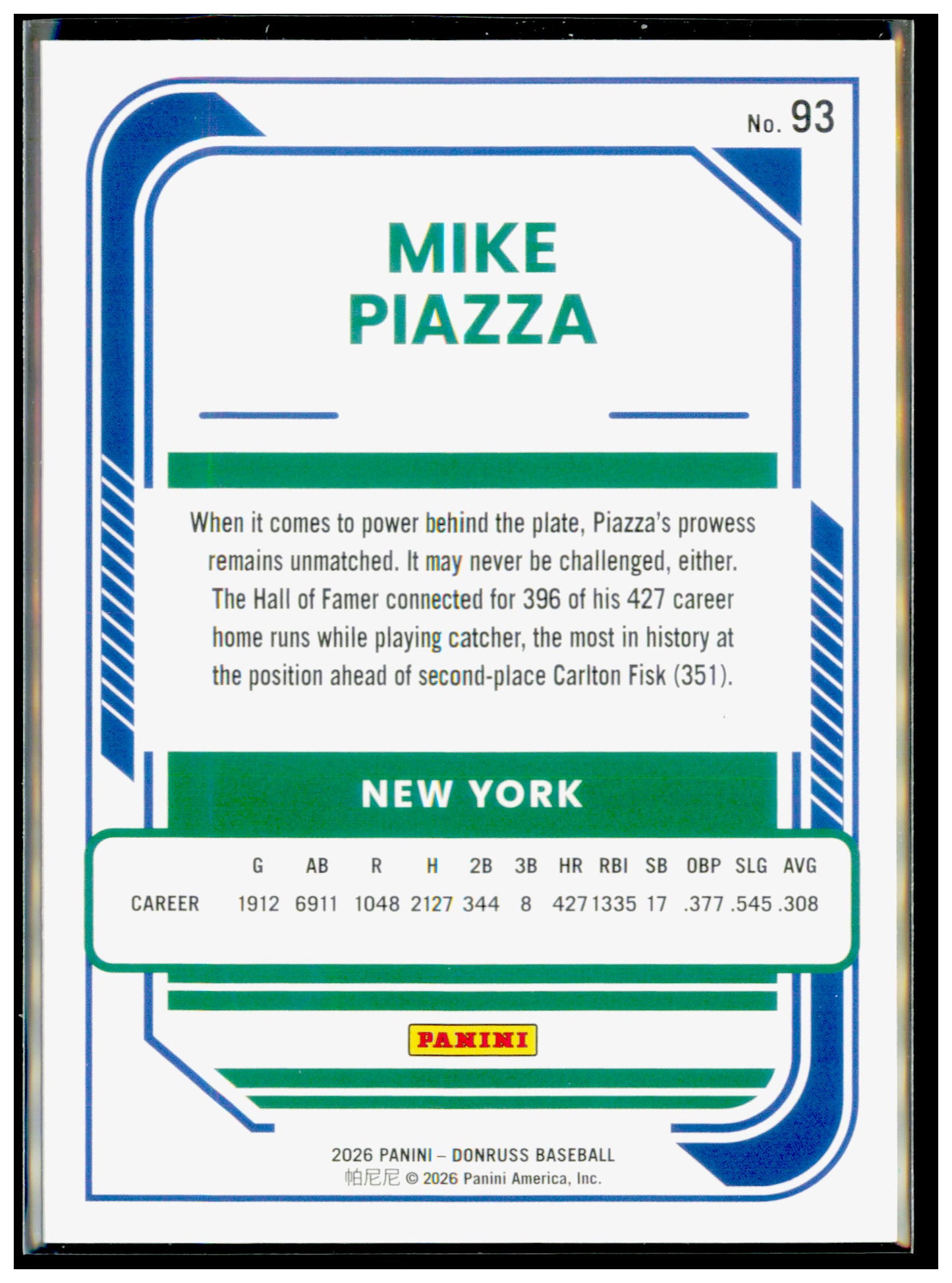 2026 Donruss Mike Piazza Card Red and Blue New York Mets #93