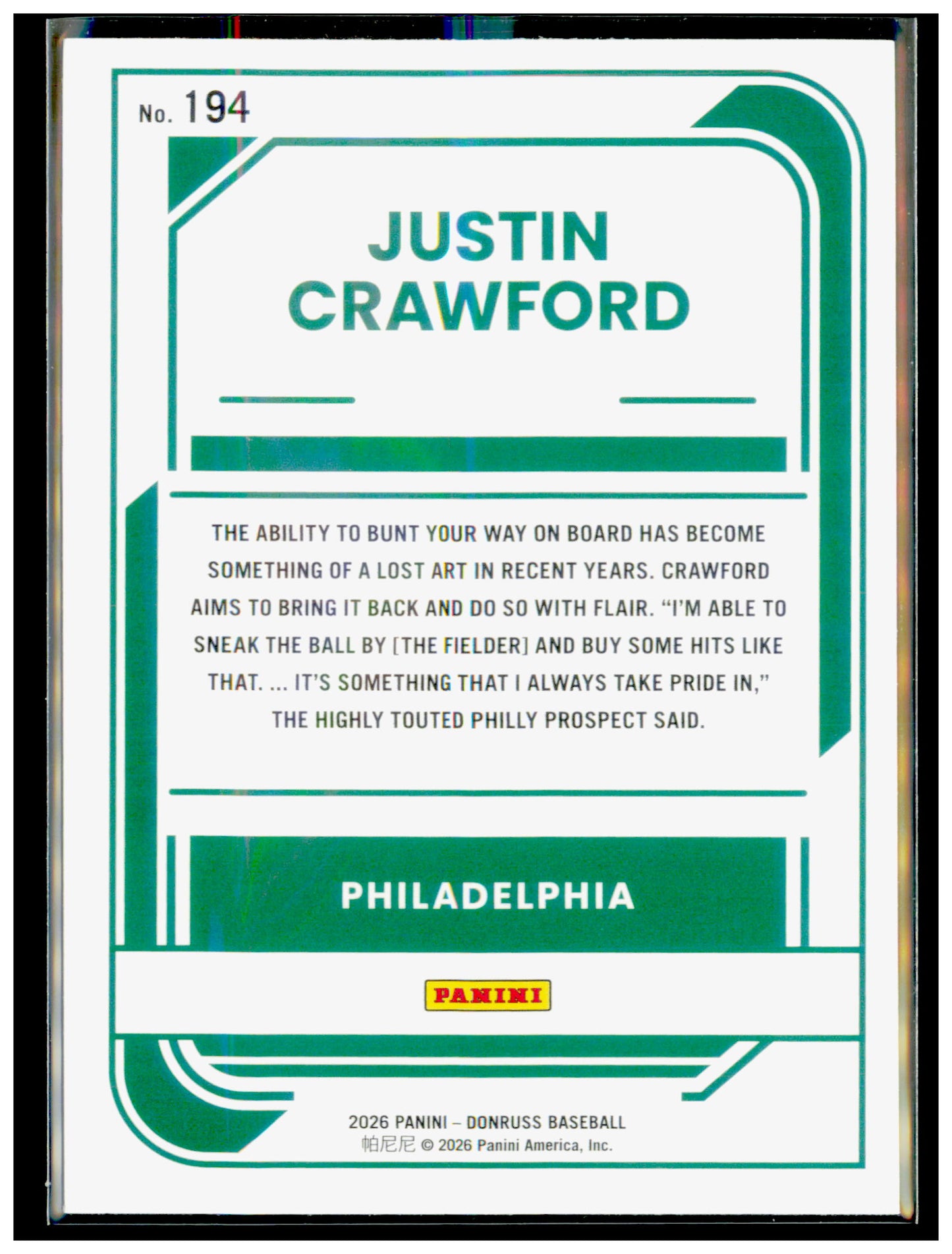 2026 Donruss Justin Crawford Card Philadelphia Phillies #194
