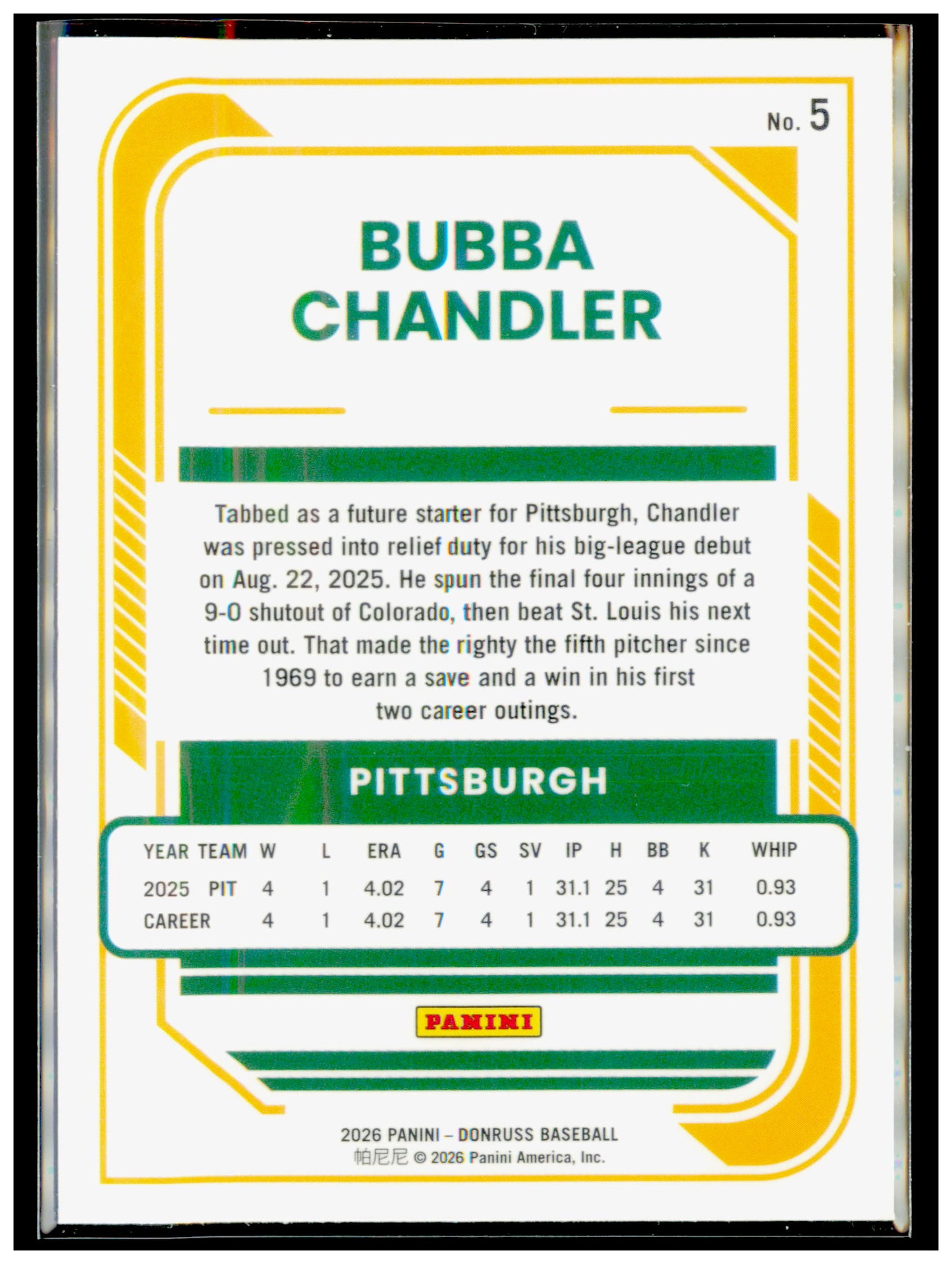 2026 Donruss Bubba Chandler Card Optic RC Pittsburgh Pirates #5