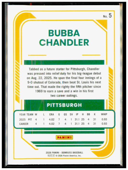 2026 Donruss Bubba Chandler Card Optic RC Pittsburgh Pirates #5
