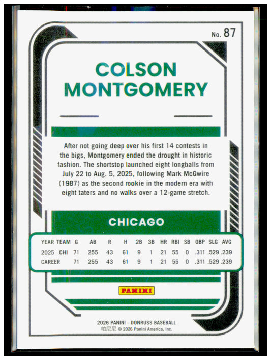 2026 Donruss Colson Montgomery Card Optic RC Chicago White Sox #87