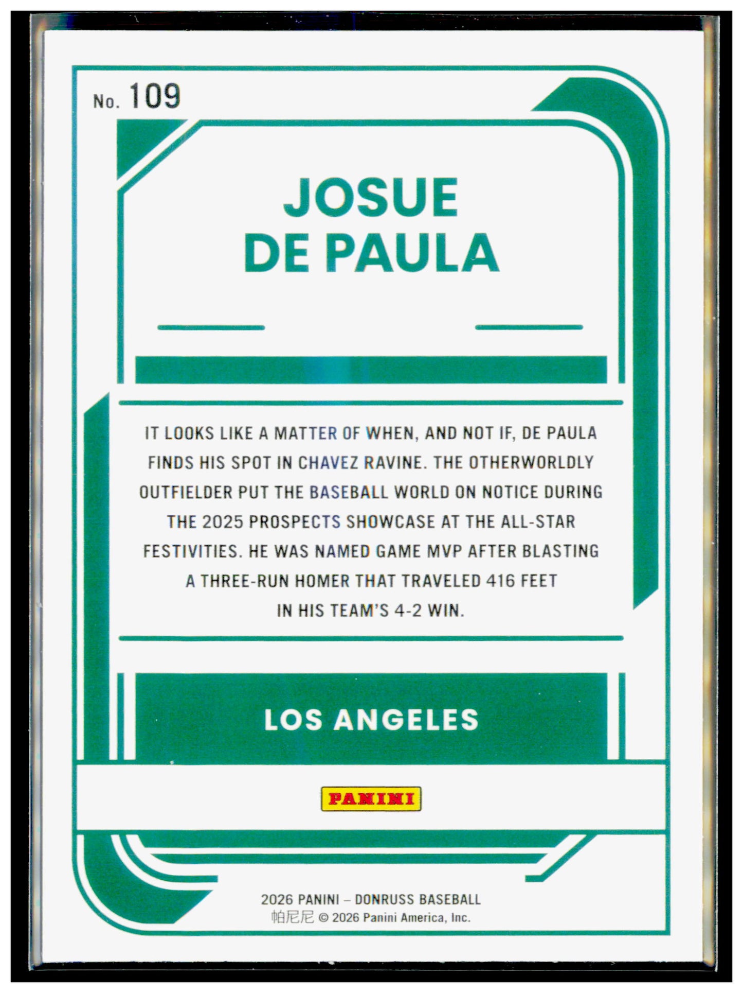 2026 Donruss Josue De Paula Card Liberty Los Angeles Dodgers #109