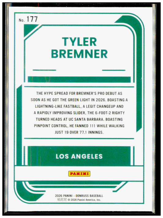 2026 Donruss Tyler Bremner Card Optic Los Angeles Angels #177