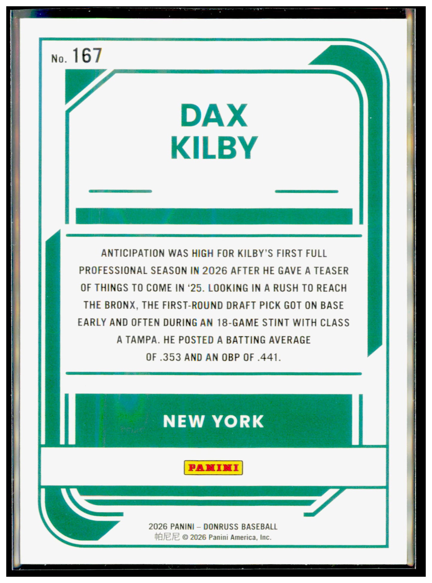 2026 Donruss Dax Kilby Card Red and Blue New York Yankees #167