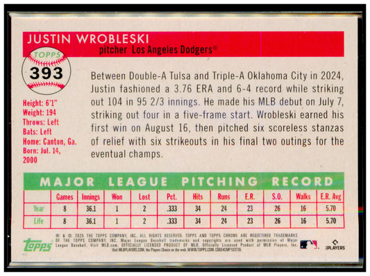 2025 Topps Chrome Platinum Justin Wrobleski Card RC Los Angeles Dodgers #393