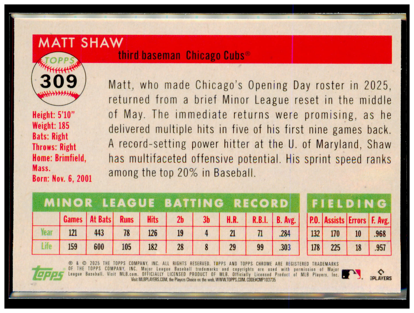2025 Topps Chrome Platinum Matt Shaw Card RC Chicago Cubs #309