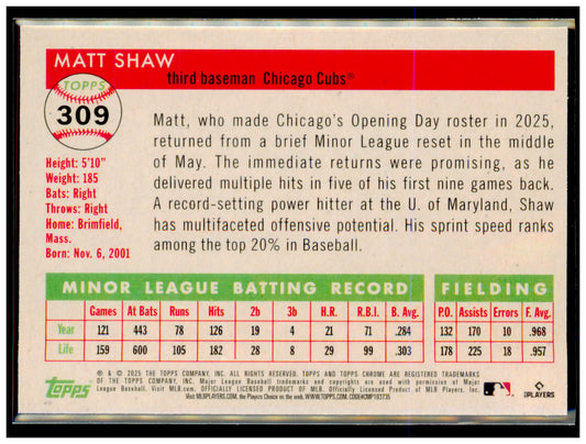 2025 Topps Chrome Platinum Matt Shaw Card RC Chicago Cubs #309