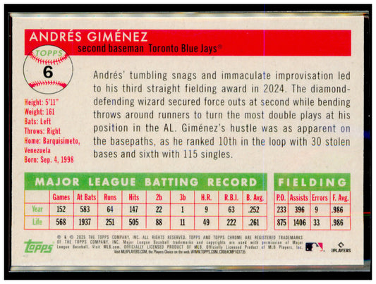 2025 Topps Chrome Platinum Andrés Giménez Card Toronto Blue Jays #6