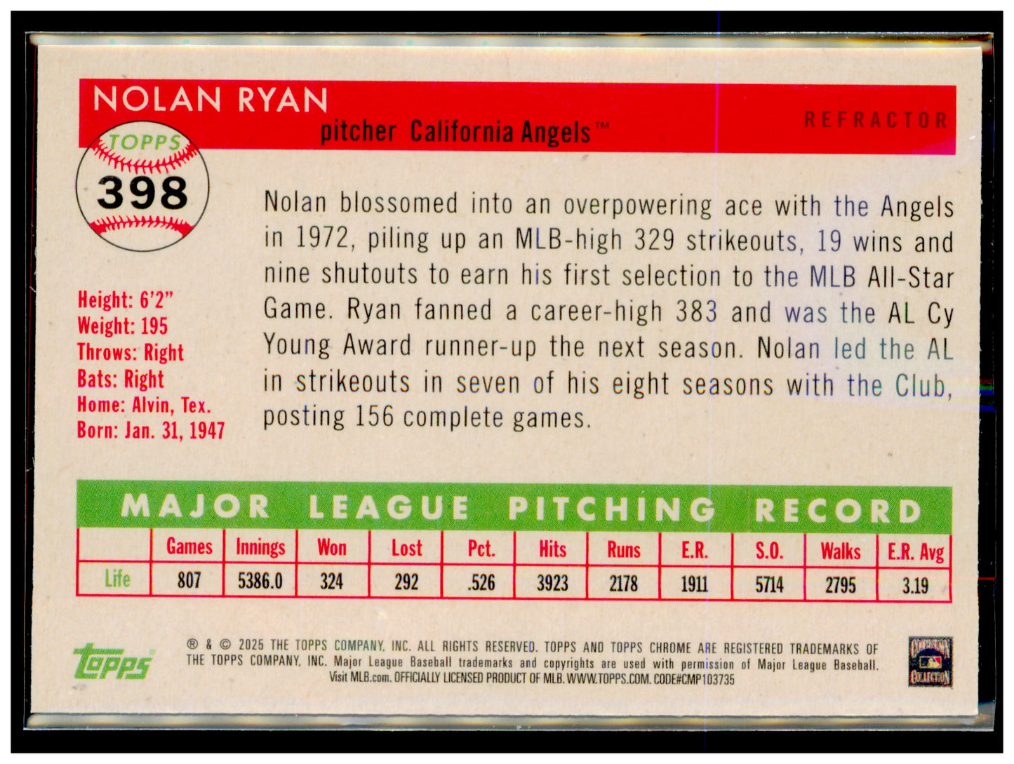 2025 Topps Chrome Platinum Nolan Ryan Card Refractors California Angels #398
