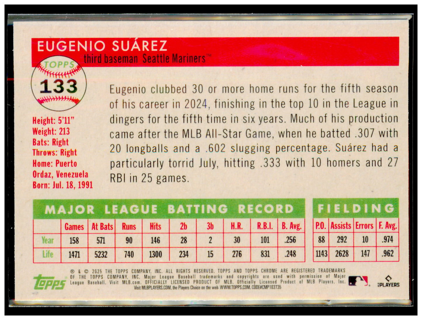 2025 Topps Chrome Platinum Eugenio Suárez Card Seattle Mariners #133