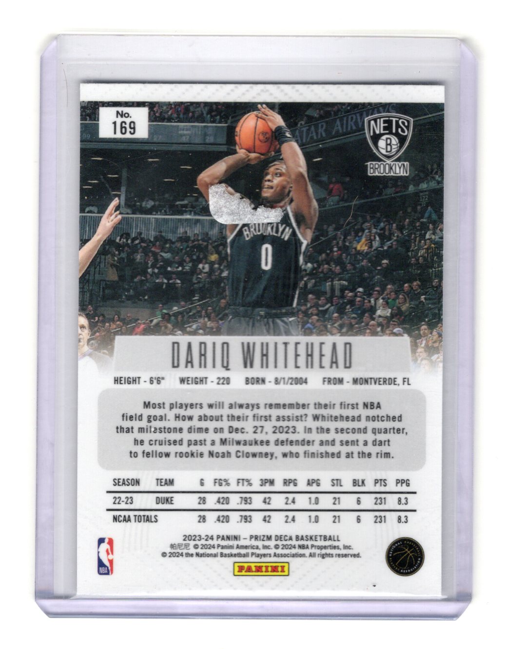 2023-24 Panini Prizm Deca Dariq Whitehead Rookie Card RC #169 Nets