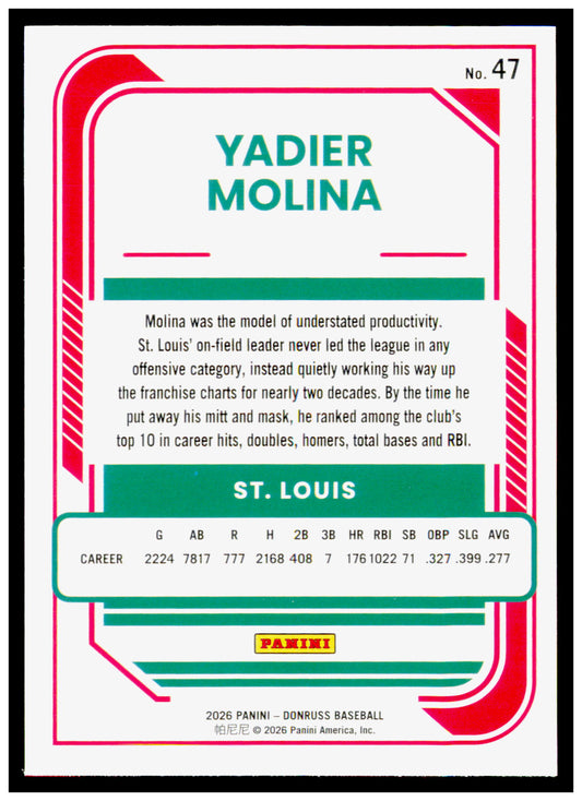 2026 Donruss Yadier Molina Card St. Louis Cardinals #47