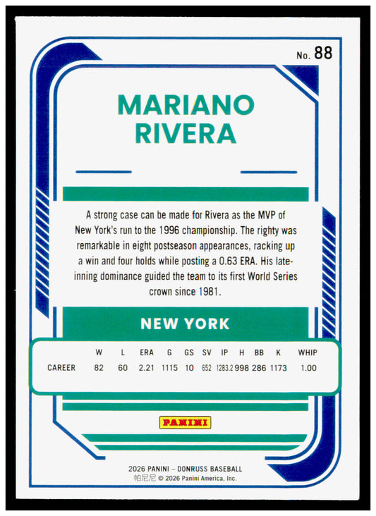 2026 Donruss Mariano Rivera Card New York Yankees #88