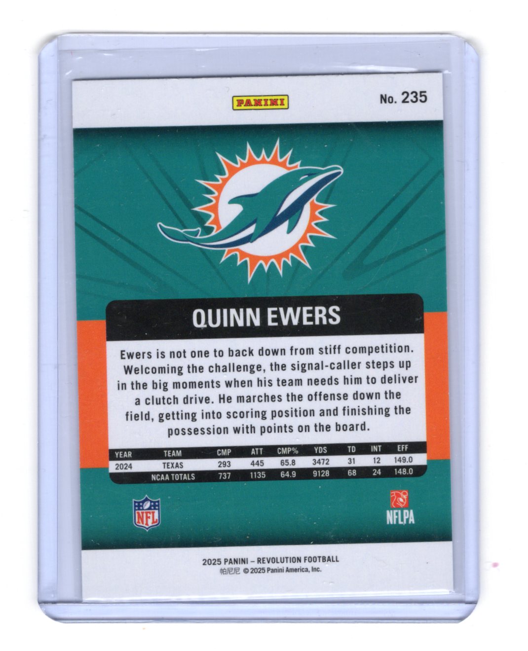 2025 Panini Revolution Quinn Ewers Card Red Storm Miami Dolphins #235
